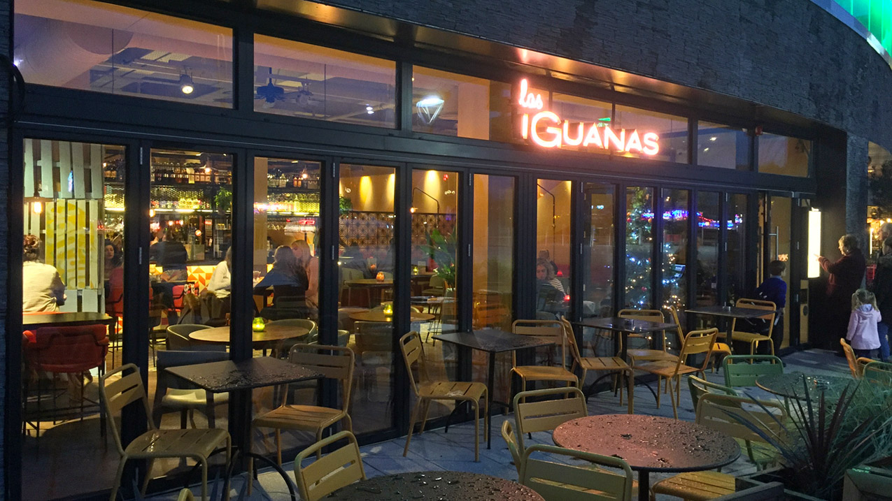 Photo of a las Iguanas restaurant with bifold doors manufactured and installed from FSDC Global